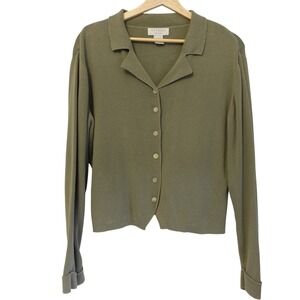 Vtg 90s Express Tricot Cardigan Women L Green Button Up Polo Knit Sweater Preppy